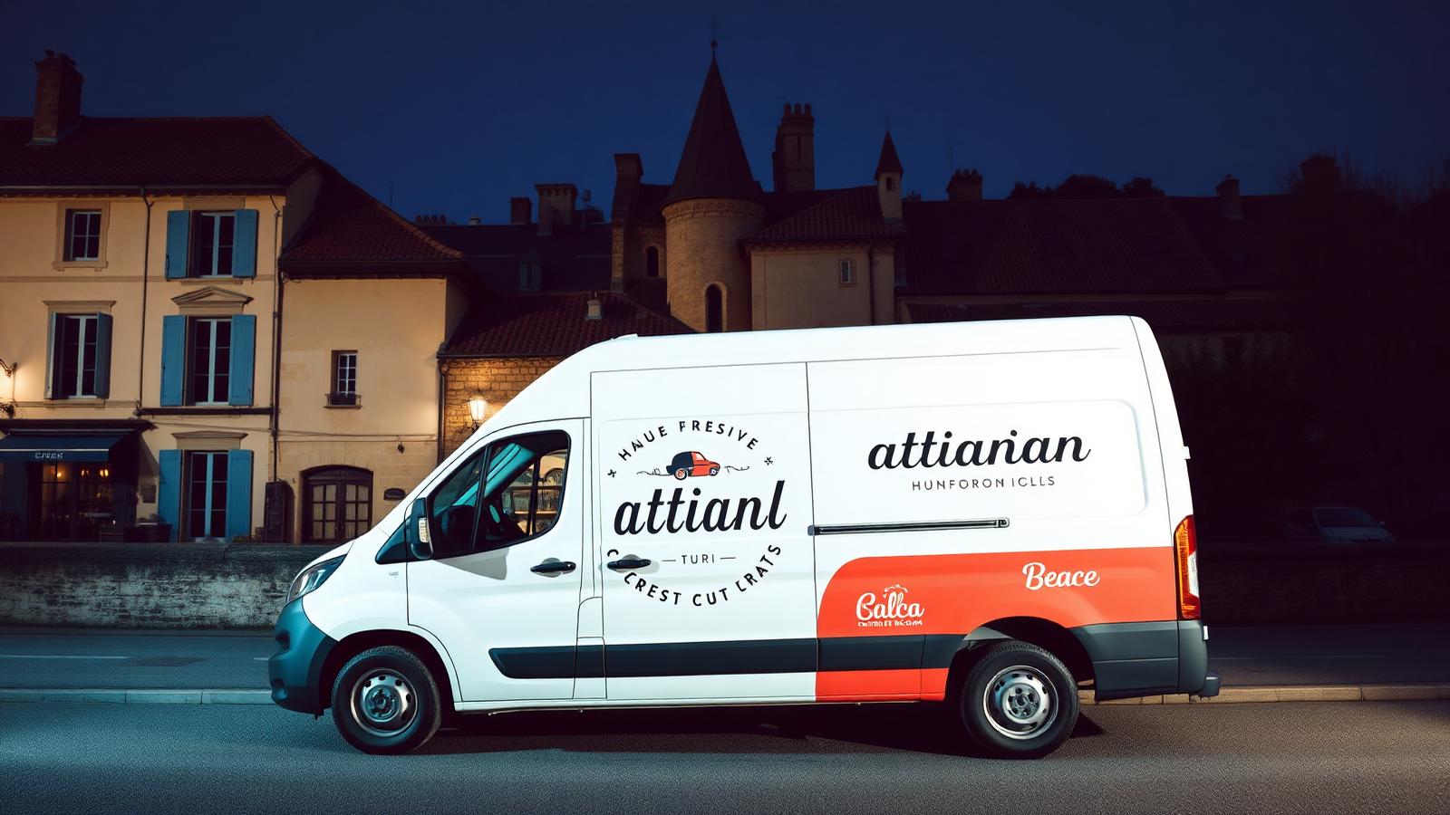 Marquage véhicule et identité visuelle artisan à Carcassonne : communication locale, branding BTP Aude, logo professionnel, signalétique, agence de communication Occitanie, création site internet artisan, SEO local, Google Ads, flyers, cartes de visite, notoriété de marque, prospection, image de marque, artisan plombier chauffagiste, publicité extérieure