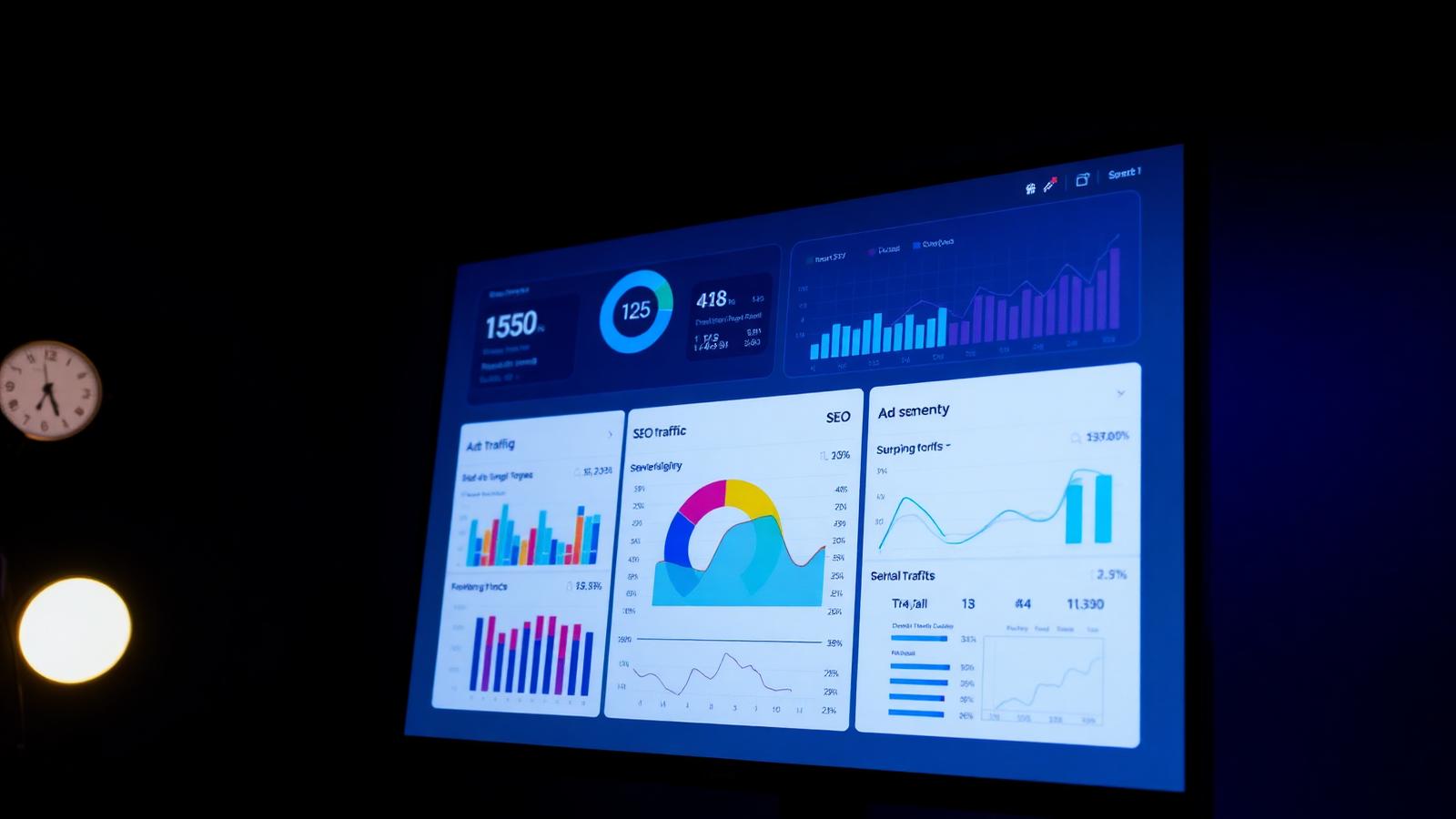 Tableau de bord marketing digital comparant trafic SEO et dépenses Google Ads pour une PME de Carcassonne : analytics, KPI acquisition, coût par clic, taux de conversion, agence de communication Aude, référencement naturel Occitanie, publicité en ligne, retargeting, Search Console, création site internet, e-commerce, stratégie de contenu, reporting mensuel
