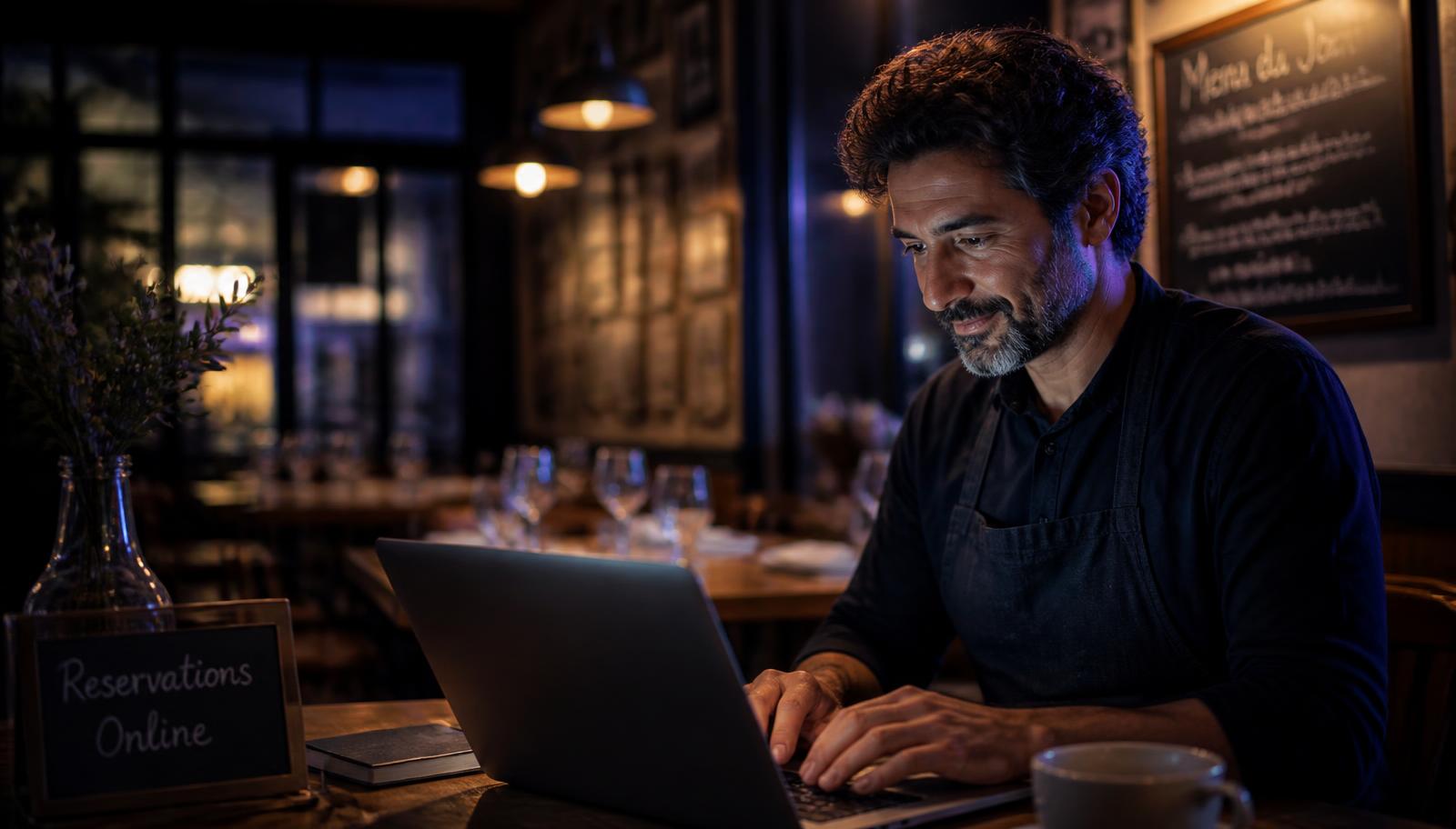 Restaurateur gérant les réservations en ligne de son établissement à Carcassonne : site internet CHR, module de booking, menu digital, référencement local Aude, agence web Occitanie, création site vitrine restaurant, SEO tourisme, avis clients Google, photos de plats, marketing digital hôtellerie, mobile first, multilingue, fiche établissement, commissions plateformes, Speedizycom