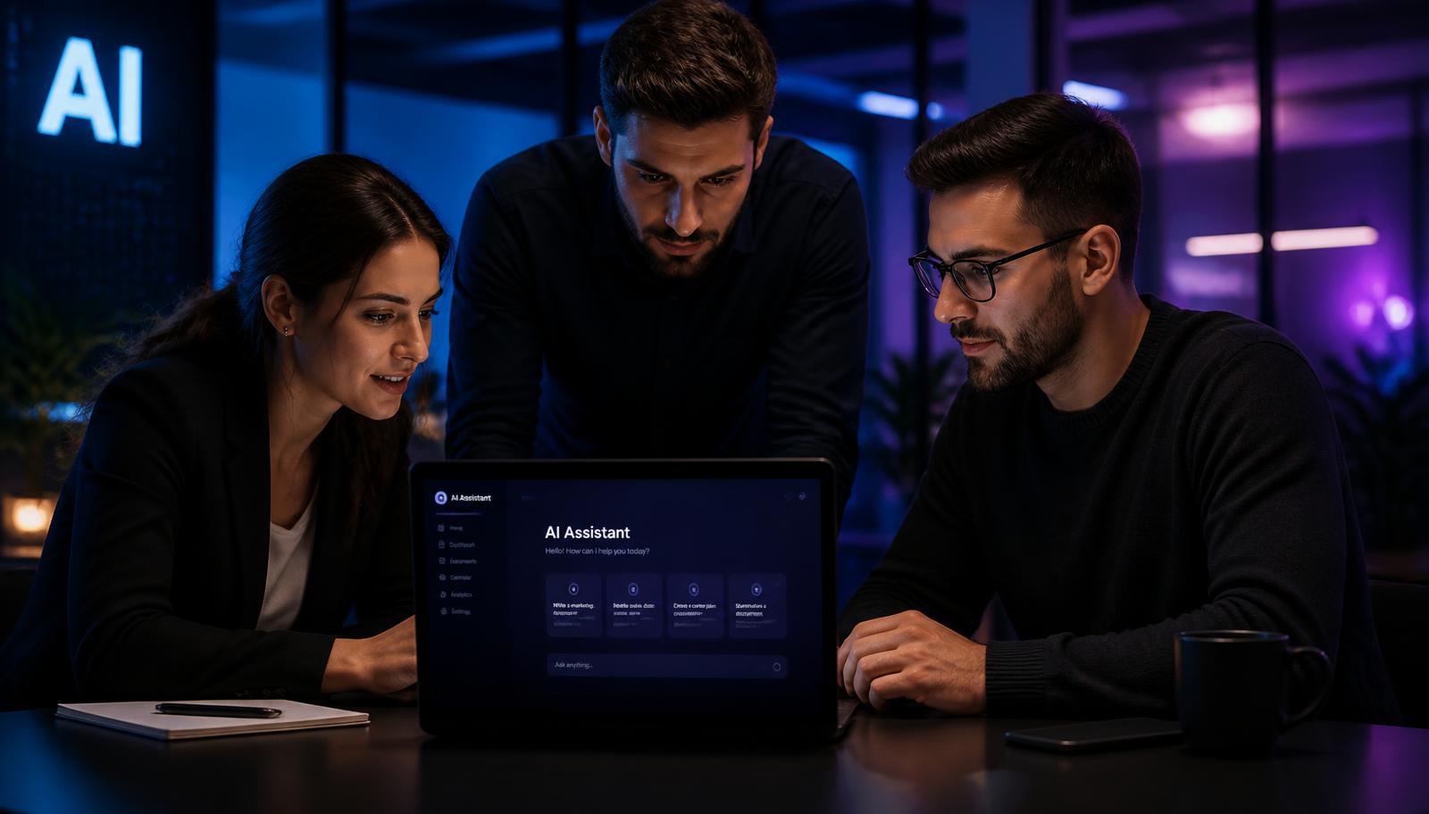Équipe de PME utilisant un assistant IA pour automatiser son marketing : chatbot, rédaction assistée, automatisation des devis, CRM, agence web Carcassonne, création site internet Aude, référencement naturel Occitanie, productivité, workflow no-code, visuels générés par IA, support client, transformation digitale, données RGPD, formation IA, Speedizycom