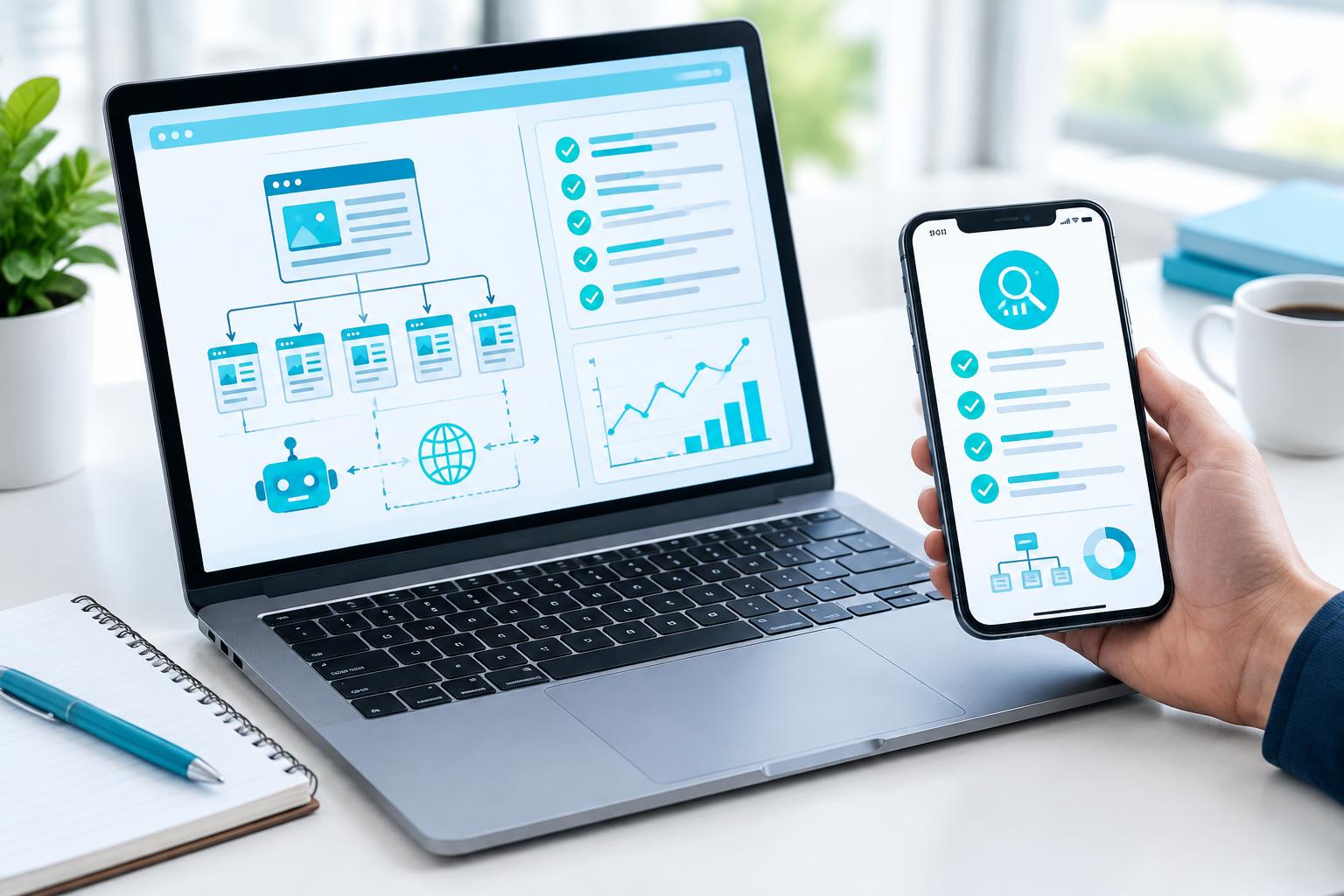 Ordinateur et téléphone présentant une checklist technique et une arborescence de site web