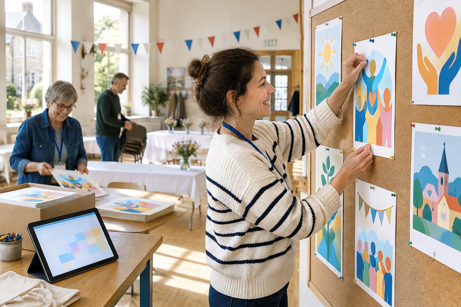 Bénévole préparant un tableau d’affichage et un calendrier pour un événement associatif