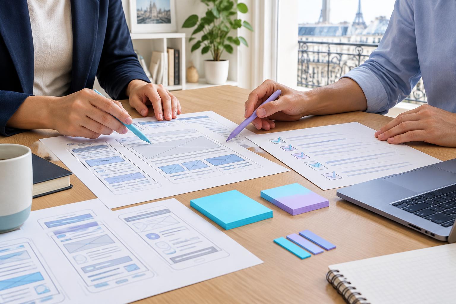 Professionnels comparant une checklist de livraison et des maquettes de site internet