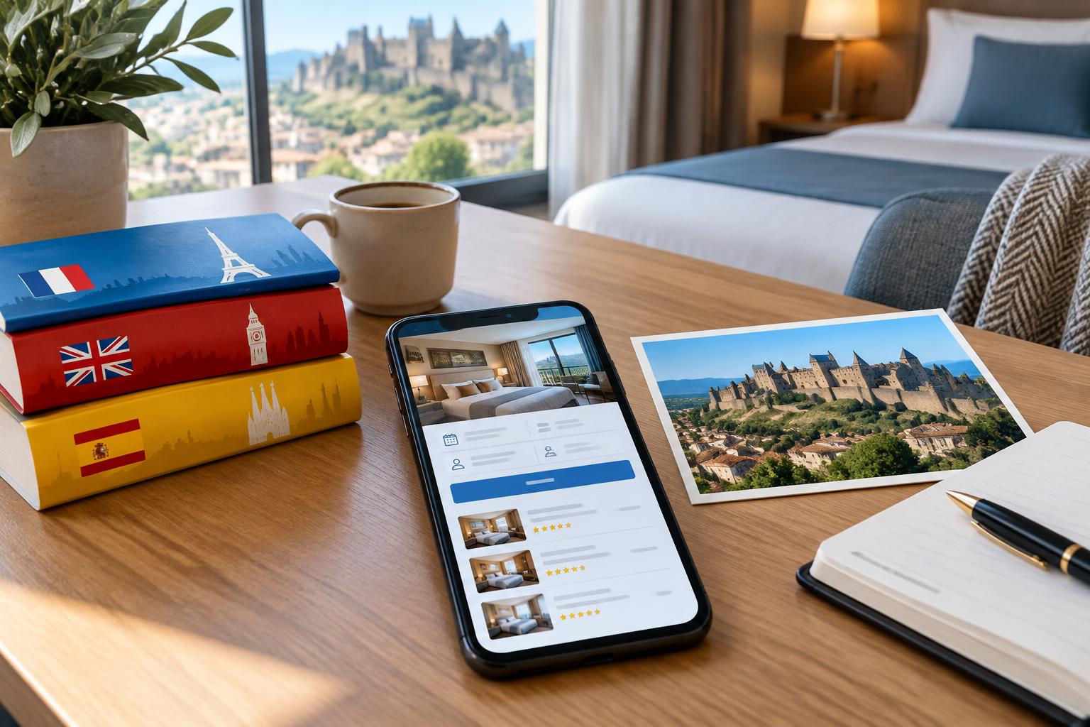 Téléphone affichant un hébergement à côté de livres évoquant le français, l’anglais et l’espagnol
